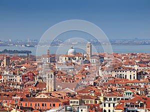 Panoramic view of Venezia (Venice) city from Bell Tower