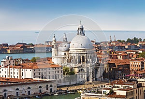 Panoramic view on Venice and the Basilica Santa Maria della Salute from the bell tower of St. Mark`s Cathedral