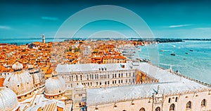 Panoramic view of Venice from the Campanile tower of St. Mark`s Cathedral-  the Cathedral of Saint Mark Basilica di San Marco