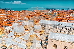 Panoramic view of Venice from the Campanile tower of St. Mark`s Cathedral-  the Cathedral of Saint Mark Basilica di San Marco