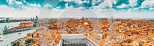 Panoramic view of Venice from the Campanile tower of St. Mark`s Cathedral-  St. Mark`s Square Piazza San Marco. Italy