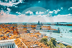 Panoramic view of Venice from the Campanile tower of St. Mark`s Cathedral-  St. Mark`s Square Piazza San Marco. Italy