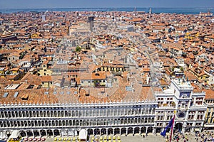 Panoramic view of Venice, Dodge Palace and red tiled roofs from Campanile on Piazza San Marco Saint Mark Square, Venice, Italy