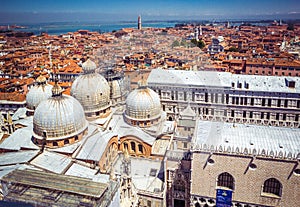 Panoramic view of Venice, Dodge Palace and red tiled roofs from Campanile on Piazza San Marco Saint Mark Square, Venice, Italy