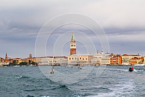 Panoramic view of Venice, Italy from the sea. St. Mark's Square, Doges Palace, St. Mark's Campanile bell tower