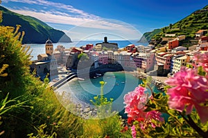 Panoramic view of Vernazza in Cinque Terre, Italy, Panorama of Vernazza and suspended garden, Cinque Terre National Park, Liguria