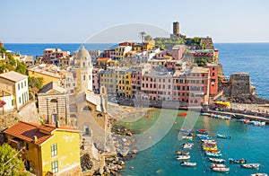 Aerial view of Vernazza, 5 Terre, La Spezia province, Ligurian coast, Italy.