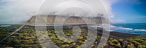 Panoramic view of Vestrahorn mountain with cloud cover in Iceland