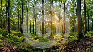 Panoramic view of a vibrant green forest with sunbeams filtering through the verdant canopy, casting ethereal shadows on the