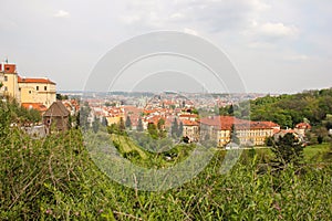 Panoramic view from the view point in Hradcany, Prague, Czech Republic, Green grass on foreground