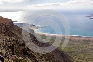 Panoramic view from viewpoint Mirador del Rio at the north of canary island Lanzarote