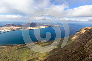 Panoramic view from viewpoint Mirador del Rio at the north of canary island Lanzarote