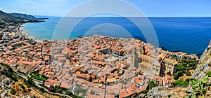 Panoramic view of village Cefalu and ocean, Sicily