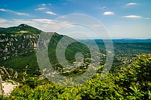 Panoramic view of village Gourdon to the valley with village Pont du Loup