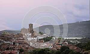 Panoramic view of the village of Hervas in Caceres at sunset. Spain