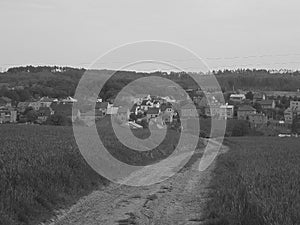 Blackwhite image - Panoramic view on a village with multicolored houses behind a field with a dirt road in the right middle and fo