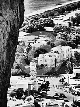 Panoramic view of the village of Perissa on Santorini island, from the top of the mountain.