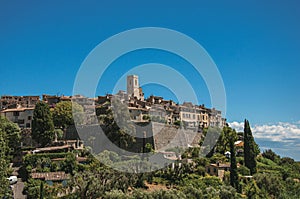 Panoramic view of the village of Saint-Paul-de-Vence on top of hill.