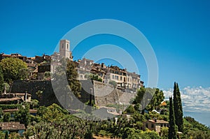 Panoramic view of the village of Saint-Paul-de-Vence on top of hill.