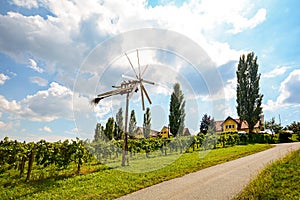 Panoramic view at vineyards with Klapotetz pinwheel before harvest, South Styrian wine route, Austria
