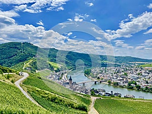 panoramic view of the vineyards and the river bend of Bernkastel Kues rivertown on the Moselle river