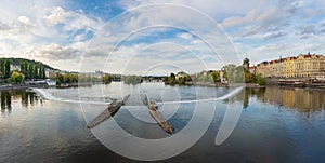 Panoramic view of Vltava River with Stitkovsky weir small dam and Sitkov Water Tower - Prague, Czech Republic