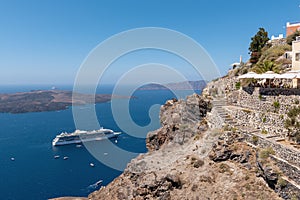 Panoramic view on volcanic caldera from cliff of Santorini island, Greece .