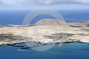 Panoramic view of the volcanic island of La Graciosa in the Atlantic Ocean, Canary Islands, Spain