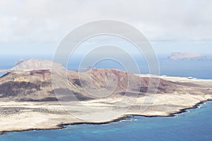 Panoramic view of the volcanic island of La Graciosa in the Atlantic Ocean, Canary Islands, Spain