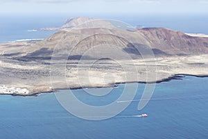 Panoramic view of the volcanic island of La Graciosa in the Atlantic Ocean, Canary Islands, Spain