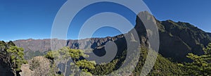 Panoramic view on volcanic landscape and lush pine tree forest, pinus canariensis from Mirador de la Cumbrecita