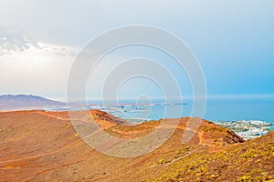 Panoramic view of Volcano Montana Roja de Playa Blanca, Lanzarote, Spain.