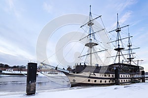 Panoramic view of Volkhov river and boat, Novgorod The Great