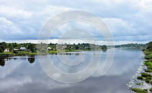 Panoramic view of Volkhov river at cloudy day