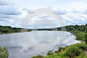 Panoramic view of Volkhov river at cloudy day