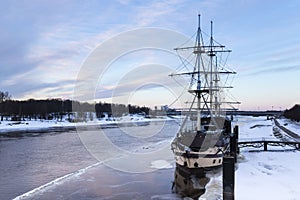 Panoramic view of Volkhov river and ship, Novgorod The Great