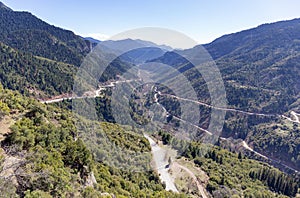 Panoramic view of Vouraikos gorge from Mega Spilaio monastery, Achaea, Greece.