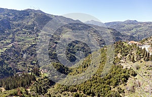 Panoramic view of Vouraikos gorge from Mega Spilaio monastery, Achaea, Greece.