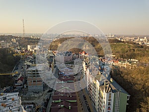 Panoramic view of Vozdvizhenka district and Bald mountain, Kiev, Ukraine. Drone photography