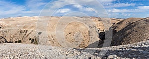 Panoramic view of the Wadi Kelt canyon with a viewing platform near Mizpe Jerojo in Israel