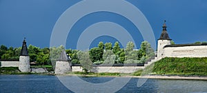 Panoramic view of the walls and towers of the kremlin in pskov russia