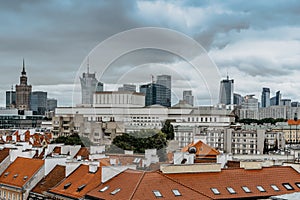 Panoramic view of Warsaw downtown with old houses and modern skyscrapers.Warsaw skyline,tourist place in Poland.Roofs of town.
