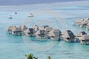 Panoramic view of water bungallows in Moorea island French Polynesia