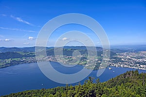 Panoramic view of water castle Schloss Ort Orth on lake Traunsee in Gmunden