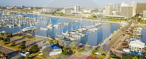 Panoramic view waterfront downtown of Corpus Christi with marina