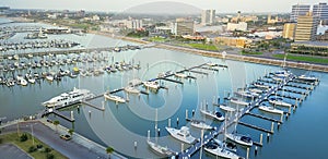 Panoramic view waterfront downtown of Corpus Christi with marina