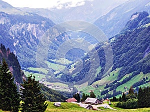 Panoramic view at the Weisstannen village and on the Weisstannental valley