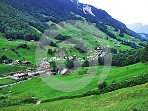 Panoramic view at the Weisstannen village and on the Weisstannental valley