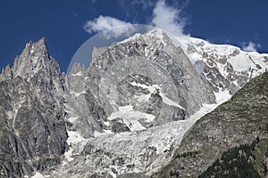 Panoramic view of Western Alps.Italian side Mont Blanc summer landscape. Mont Blanc is the highest peak of european Western Alps.