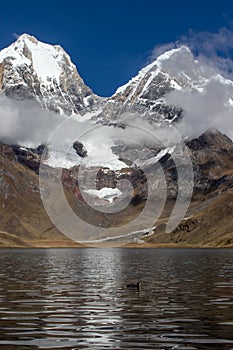 Panoramic View from the western end of Lagona Carhuacocha to Mount Yerupaja, Andes Mountains, Peru